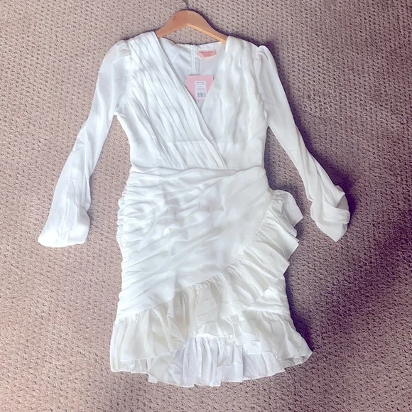 PLUNGE BALLOON SLEEVE MINI DRESS IN WHITE - Picture 2 of 9